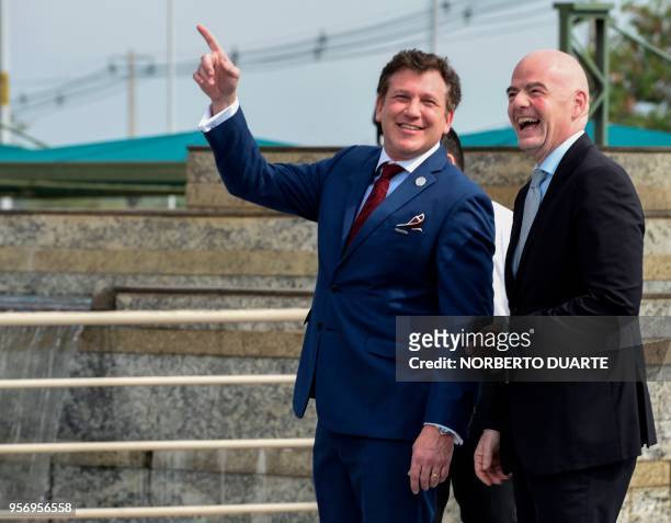 The president of the South American Football Confederation Alejandro Dominguez and FIFA's President Gianni Infantino, are pictured at the Conmebol's...