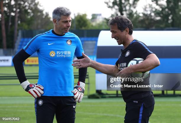 Riccardo Ferri and Francesco Toldo of Inter Forever during the FC Internazionale training session at the club's training ground Suning Training...