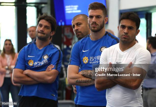 Cristian Chivu, Walter Samuel, Davide Santon and Eder Citadin Martins look on during the FC Internazionale training session at the club's training...