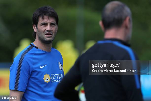 Cristian Chivu of Inter Forever looks on during the FC Internazionale training session at the club's training ground Suning Training Center in memory...