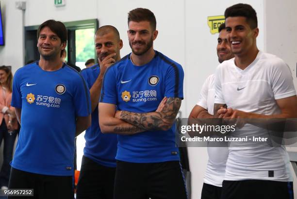 Cristian Chivu, Walter Samuel, Davide Santon and Joao Cancelo look on during the FC Internazionale training session at the club's training ground...