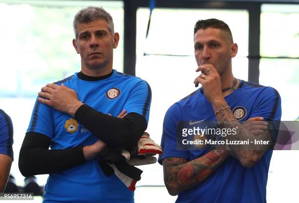 Francesco Toldo and Marco Materazzi of Inter Forever look on during the FC Internazionale training session at the club's training ground Suning...