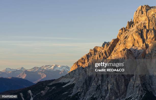 Mount Centurines and Piz Lavarella in the Kreuzkofel mountain range in the Dolomites. Listed as UNESCO World Heritage. Zillteral Alps in the...