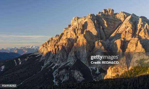 Mount Centurines and Piz Lavarella in the Kreuzkofel mountain range in the Dolomites. Listed as UNESCO World Heritage. Zillteral Alps in the...