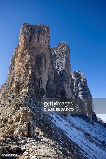 The Drei Zinnen. Tre Cime di Lavaredo. In South Tyrol. Alto Adige. The Drei Zinnen are one of the icons of the European alps and a major tourist...