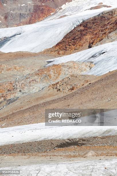 The melting glacier Hochjochferner and Kreuzferner on the mountain pass Hochjoch right at the border of Italy and Austria in Oetztal and Schnalstal....