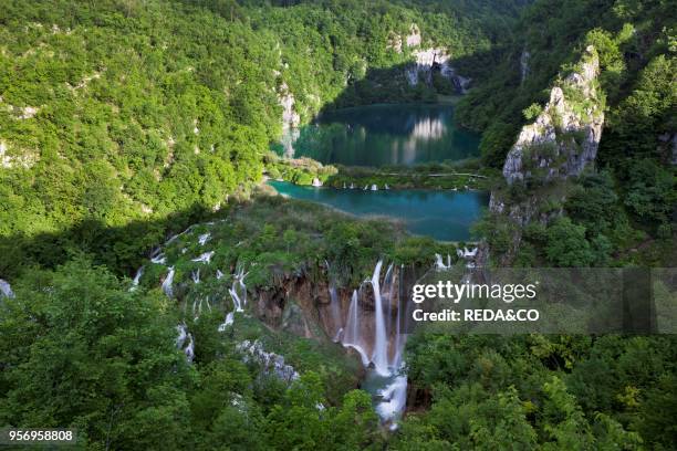 The Plitvice Lakes in the National Park Plitvicka Jezera in Croatia. The lower lakes. Plitvice Lakes are a string of lakes connected by waterfalls....