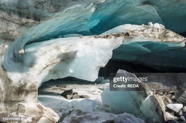 Valley head of valley Obersulzbachtal in the NP Hohe Tauern. Retreating glacier front of glacier Venedigerkees with glacial stream and mouth. The...