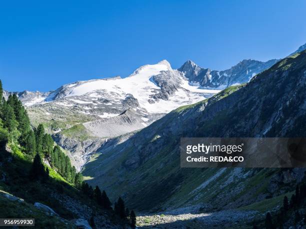 Reichenspitz moutain range in the Zillertal Alps in NP Hohe Tauern. Valley Wildgerlos with Mt Reichenspitze and Gabler Europe. Central Europe....