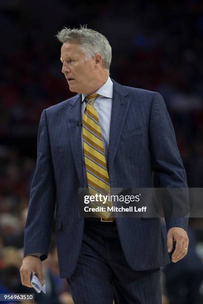 Head coach Brett Brown of the Philadelphia 76ers looks on against the Boston Celtics during Game Four of the Eastern Conference Second Round of the...