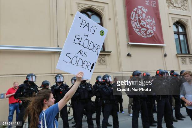 Sign saying ' PAG ist bloeder als Soeder!' Several ten thousands demonstrate against the Bavarian Polizeiaufgabengesetz in Munich, Germany, on May...