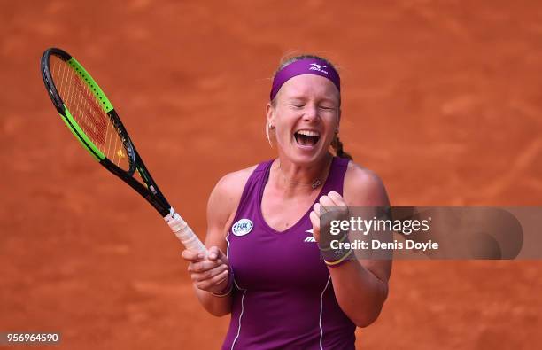 Kiki Bertens of The Netherlands celebrates her three sets victory over Maria Sharapova of Russia in their Quarterfinal match during day six of Mutua...