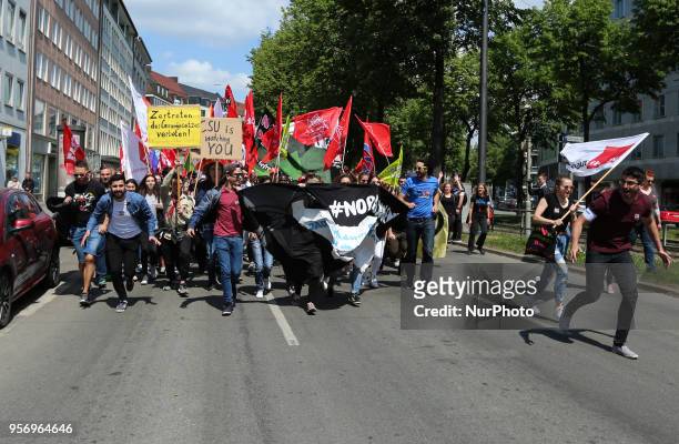 Several hundred young persons demonstrated against the Bavarian Polizeiaufgabengesetz prior to the huge demonstration in Munich, Germany, on May 10,...