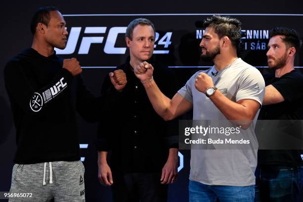 Middleweight fighters Ronaldo Jacare of Brazil and Kelvin Gastelum of the United States face off during Ultimate Media Day on May 10, 2018 in Rio de...