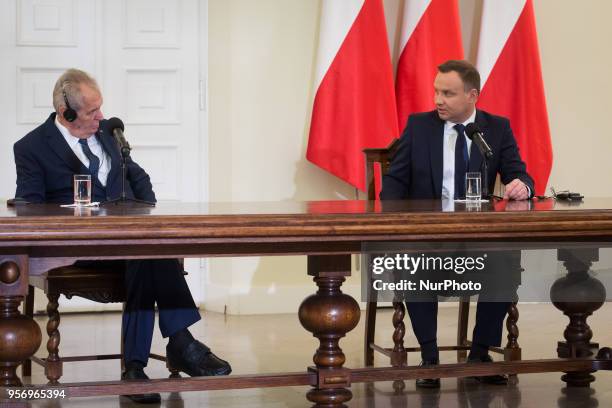 President of the Czech Republic Milos Zeman and President of Poland Andrzej Duda during the press conference at Presidential Palace in Warsaw, Poland...