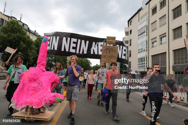 Several ten thousands demonstrate against the Bavarian Polizeiaufgabengesetz in Munich, Germany, on May 10, 2018. Experts say, that the law is the...