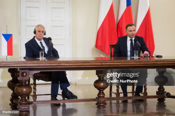 President of the Czech Republic Milos Zeman and President of Poland Andrzej Duda during the press conference at Presidential Palace in Warsaw, Poland...