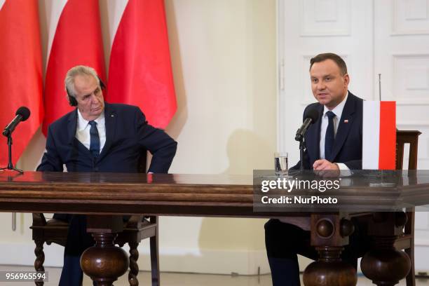 President of the Czech Republic Milos Zeman and President of Poland Andrzej Duda during the press conference at Presidential Palace in Warsaw, Poland...