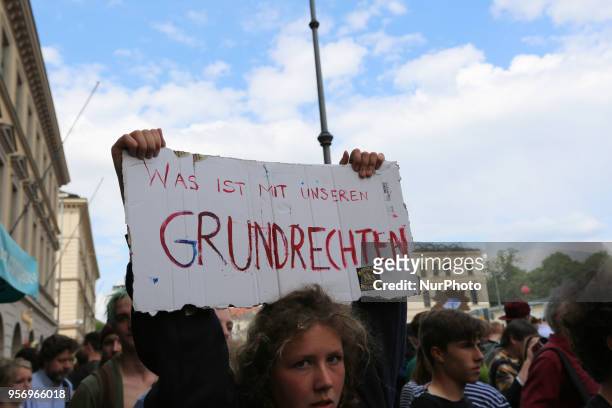 Sign demanding civil rights. Several ten thousands demonstrate against the Bavarian Polizeiaufgabengesetz in Munich, Germany, on May 10, 2018....