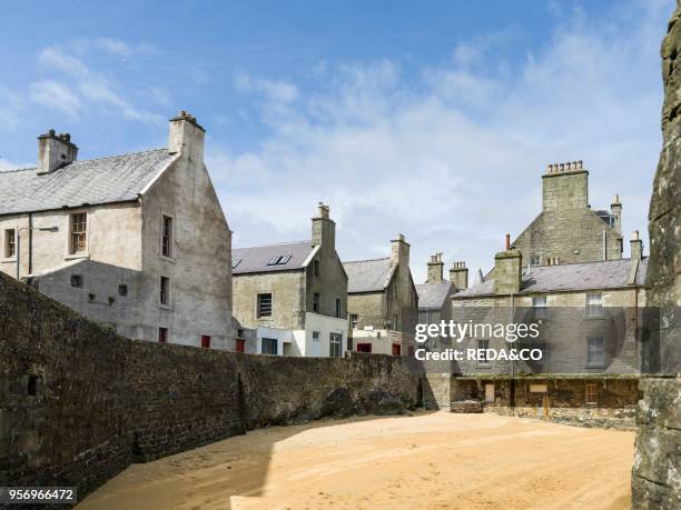 Lerwick. The capital of the Shetland Islands in the far north of Scotland. The Lodberries. Old merchants offices in the historic center near the...