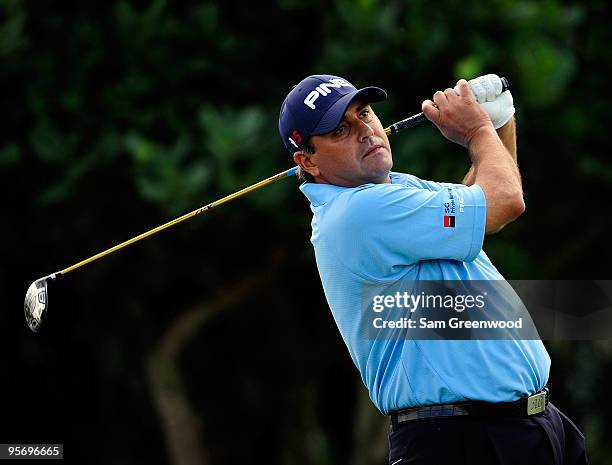 Angel Cabrera of Argentina plays a shot on the first hole during the first round of the SBS Championship at the Plantation course on January 7, 2010...