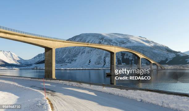 Bridge from Gimsoya to Austvagoya over Gimsoystraumen. The Lofoten islands in northern Norway during winter. Europe. Scandinavia. Norway. February.