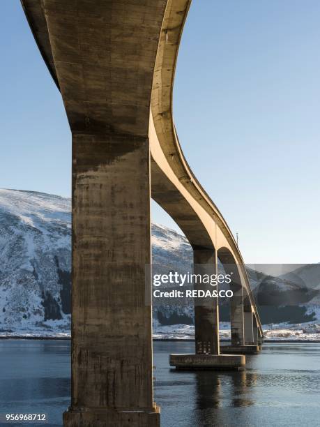 Bridge from Gimsoya to Austvagoya over Gimsoystraumen. The Lofoten islands in northern Norway during winter. Europe. Scandinavia. Norway. February.