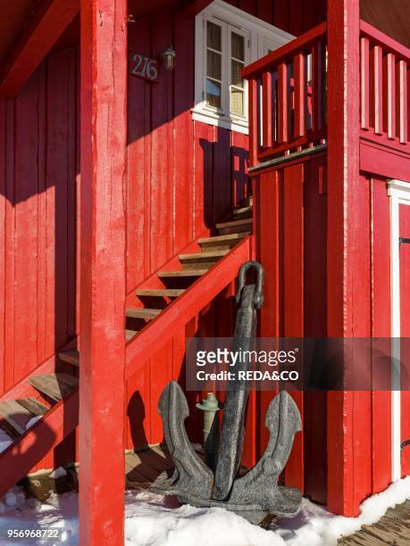 Rorbu. Traditional fishermen huts. Now used as hotels. In the town of Svolvaer. Island Austvagoya. The Lofoten islands in northern Norway during...
