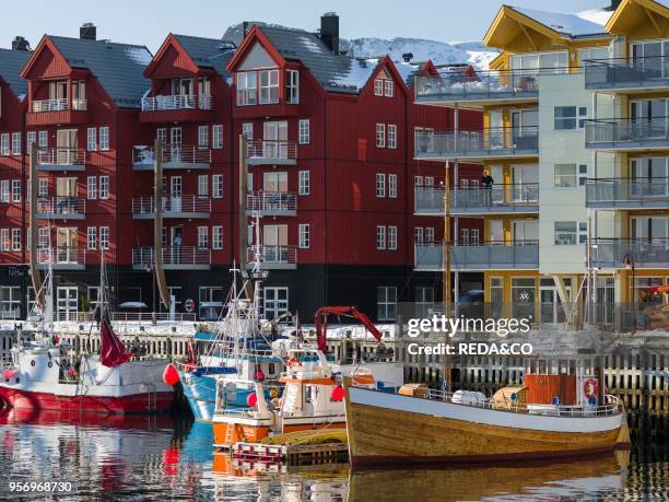 Contemporary architecture in the harbour in the town of Svolvaer. Island Austvagoya. The Lofoten islands in northern Norway during winter. Europe....