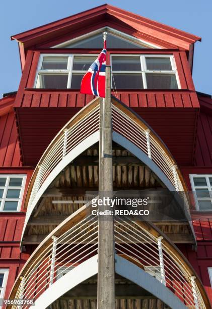 Contemporary architecture in the harbour in the town of Svolvaer. Island Austvagoya. The Lofoten islands in northern Norway during winter. Europe....
