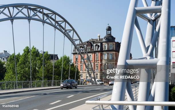 The Luitpoldbruecke spanning the Main Donau Channel or the right arm of river Regnitz. Bamberg. Franconia. Bavaria. The Old Town is listed as UNESCO...