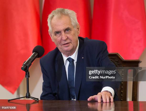 President of the Czech Republic Milos Zeman during the press conference with President of Poland Andrzej Duda at Presidential Palace in Warsaw,...