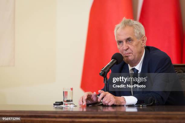 President of the Czech Republic Milos Zeman during the press conference with President of Poland Andrzej Duda at Presidential Palace in Warsaw,...