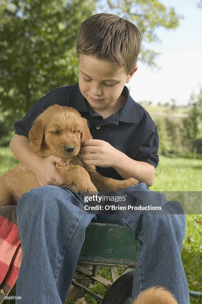 Boy holding dog