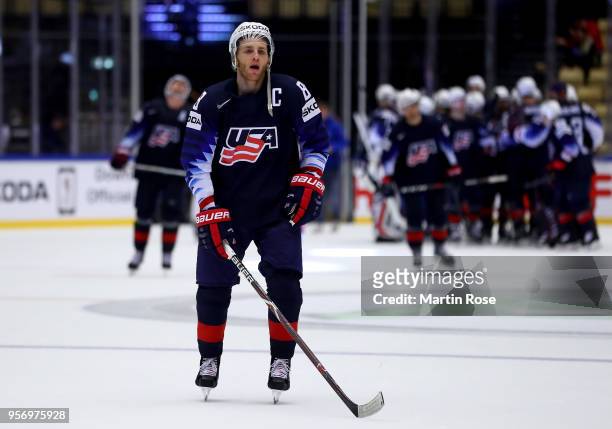 Cam Atkinson of United States reacts after victory over Latvia the 2018 IIHF Ice Hockey World Championship Group B game between United States and...