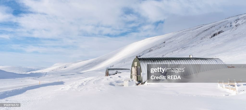 Landscape with farm in the valley of river Joekulsa a Dal west of Egilsstadir leading up to the central highlands of Iceland