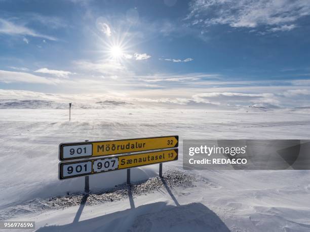 The Highland of Iceland close to the ring road during winter in stormy and sunny weather conditions. Europe. Northern Europe. Iceland. February.