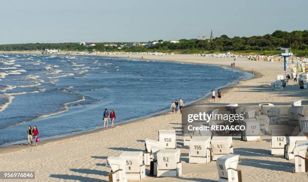 Traditional beach chairs on the beach near Heringsdorf on the coast of the Baltic Sea. Europe.Germany. Mecklenburg-Western Pomerania. Usedom. June.