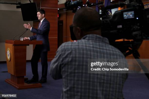 Speaker of the House Paul Ryan calls on reporters during his weekly news conference at the U.S. Capitol Visitors Center May 10, 2018 in Washington,...