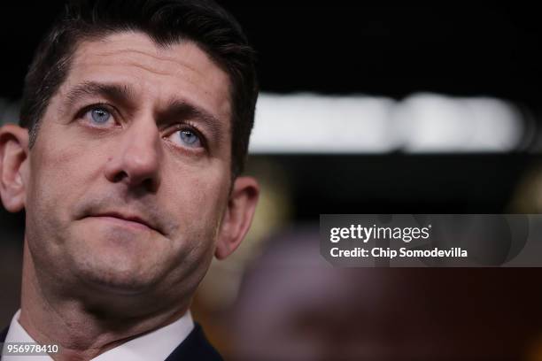 Speaker of the House Paul Ryan speaks during his weekly news conference at the U.S. Capitol Visitors Center May 10, 2018 in Washington, DC. Among...