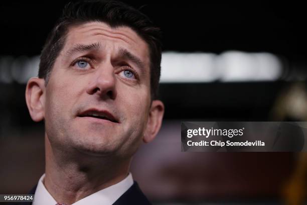 Speaker of the House Paul Ryan speaks during his weekly news conference at the U.S. Capitol Visitors Center May 10, 2018 in Washington, DC. Among...