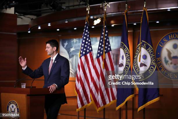 Speaker of the House Paul Ryan calls on reporters during his weekly news conference at the U.S. Capitol Visitors Center May 10, 2018 in Washington,...