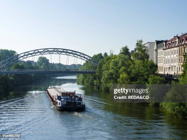 The Main Donau Channel or the right arm of river Regnitz. Bamberg. Franconia. Bavaria. The Old Town is listed as UNESCO World Heritage "Altstadt von...