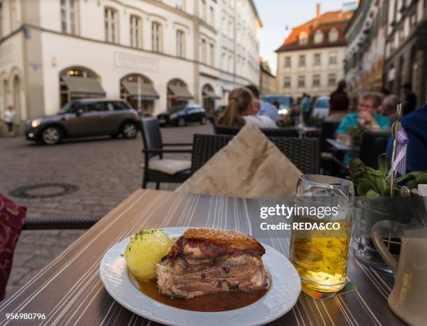 Schaeuferla mit Knoedel a traditional dish served in the medieval Old town. Bamberg in Franconia. A part of Bavaria. The Old Town is listed as UNESCO...