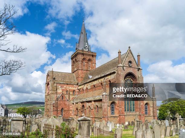 Kirkwall. The capital of the Orkney Islands. Part of the Northern Isles of Scotland. St. Magnus Cathedral in the center of Kirkwall. The cathedral is...