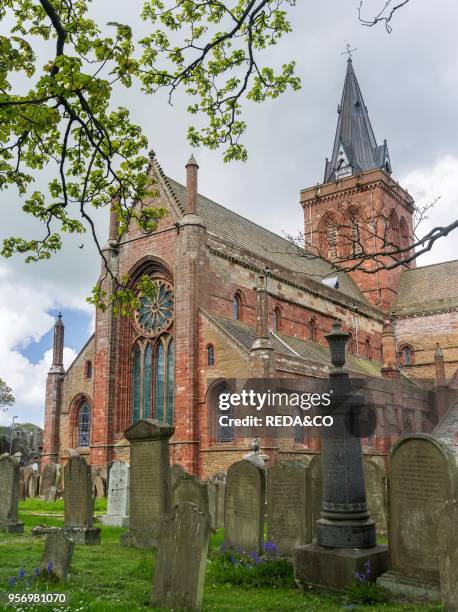 Kirkwall. The capital of the Orkney Islands. Part of the Northern Isles of Scotland. St. Magnus Cathedral in the center of Kirkwall. The cathedral is...