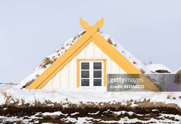 Glaumbaer open air museum during winter. Historic and traditional houses with sod roofs. Europe. Northern Europe. Iceland. March.