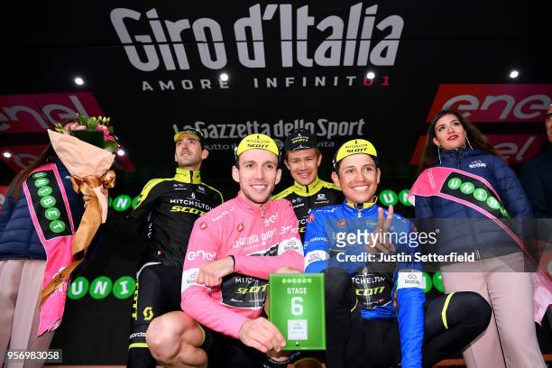 Podium / Simon Yates of Great Britain Pink Leader Jersey / Johan Esteban Chaves Rubio of Colombia Blue Mountain Jersey / Mikel Nieve Ituralde of...
