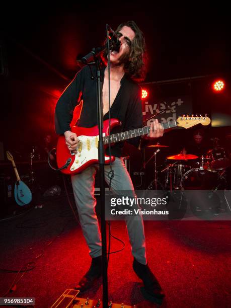 The Blinders lead singer Thomas Haywood performs with the band at the Wardrobe as part of the Live At Leeds Festival on May 5, 2018 in Leeds, England.