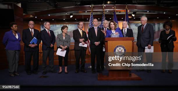 House Minority Leader Nancy Pelosi holds a news conference with fellow Democratic members to criticize President Donald Trump's decision to pull out...